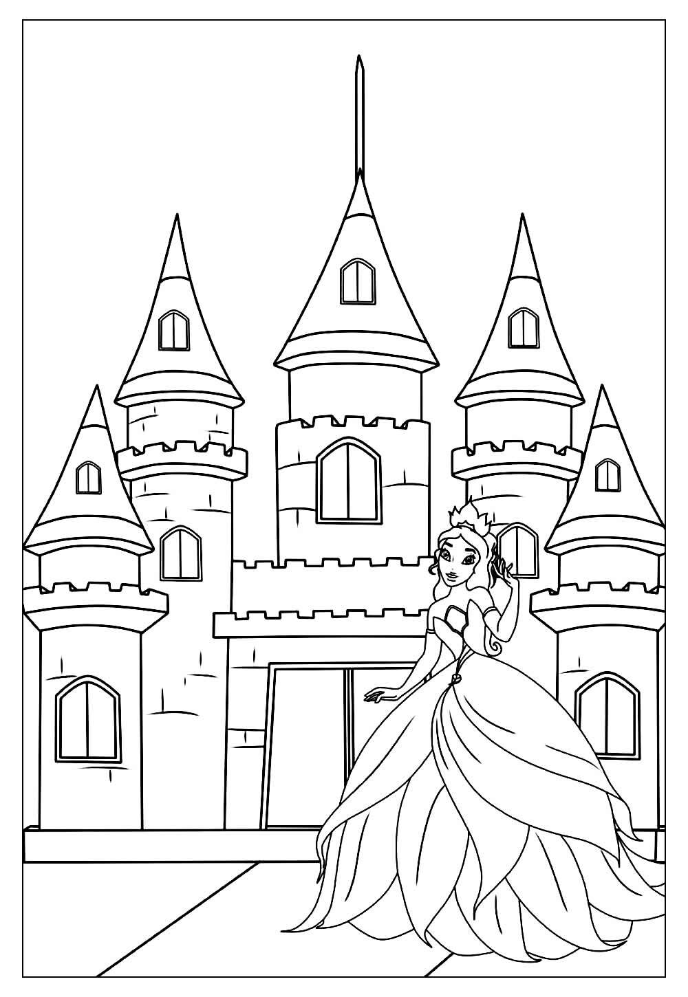 Desenho de linda princesa com castelo para colorir para imprimir