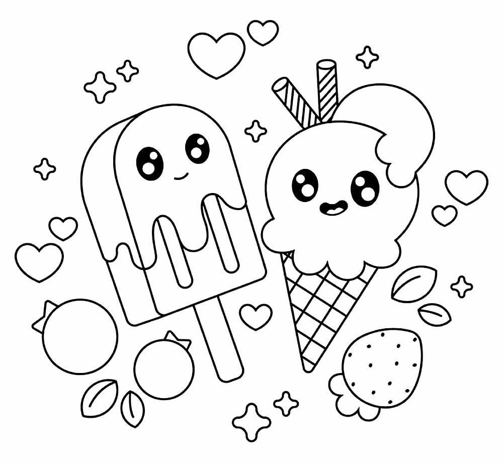Desenho de sorvete kawaii para colorir