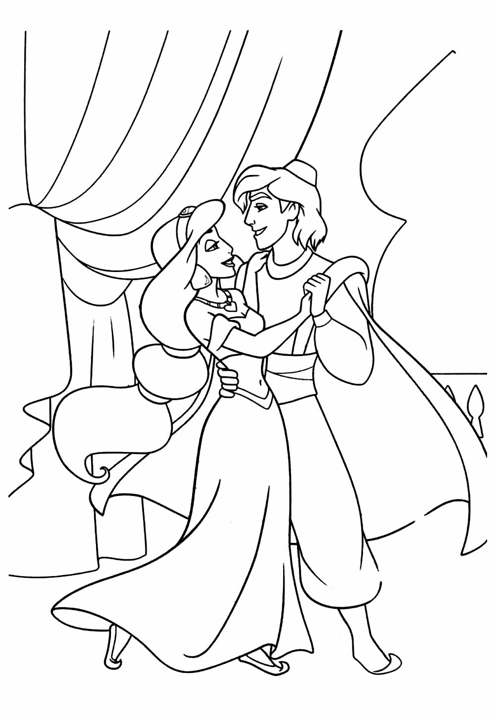Desenho do Aladim e a Jasmine para colorir