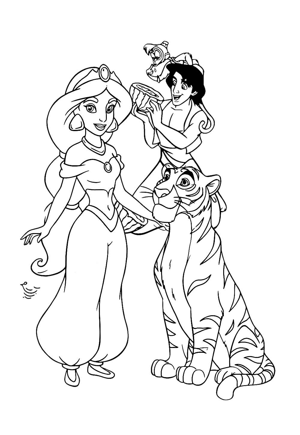 Desenho de Aladdin e Jasmine para colorir