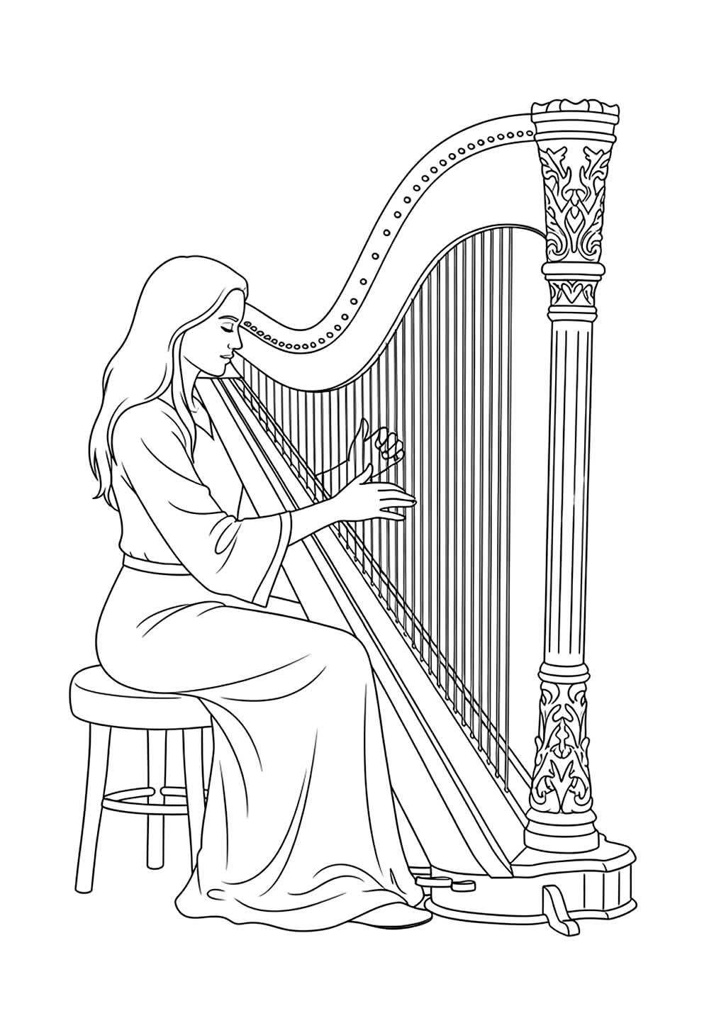 Desenho de Mulher Tocando Arpa para colorir