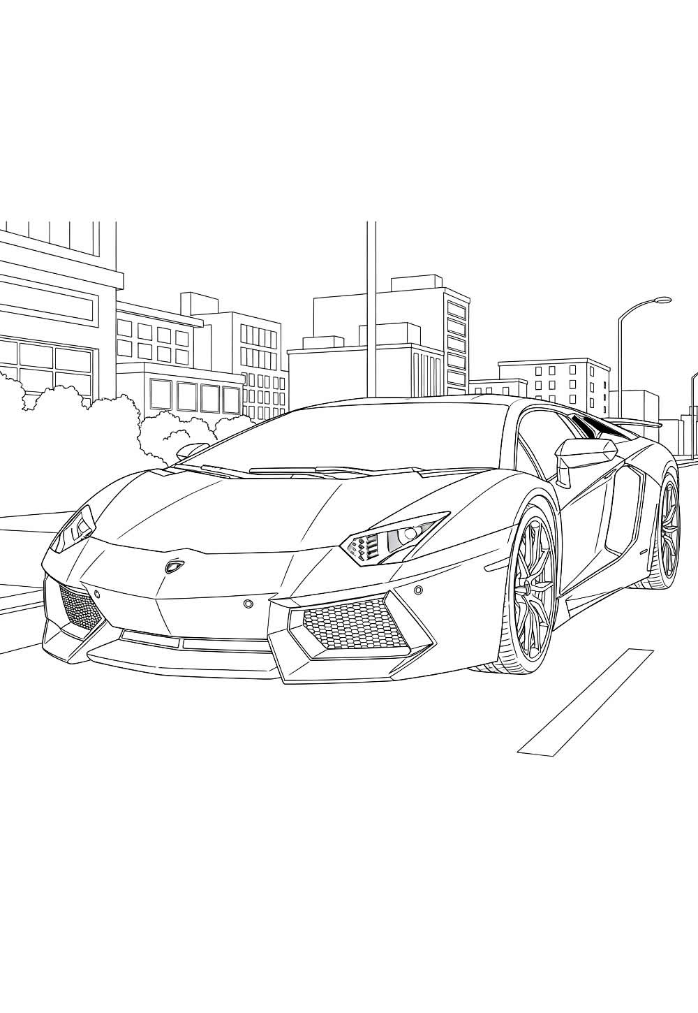 Desenho de Cidade e carro Lamborghini para colorir