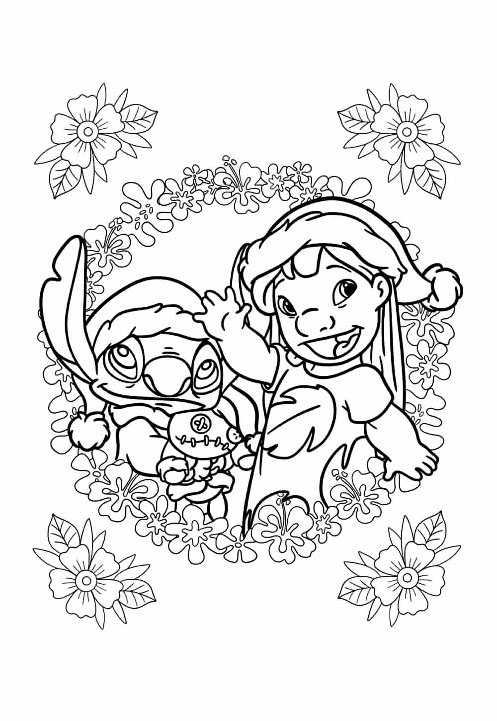 Desenho de Lilo e Stitch de Natal para colorir