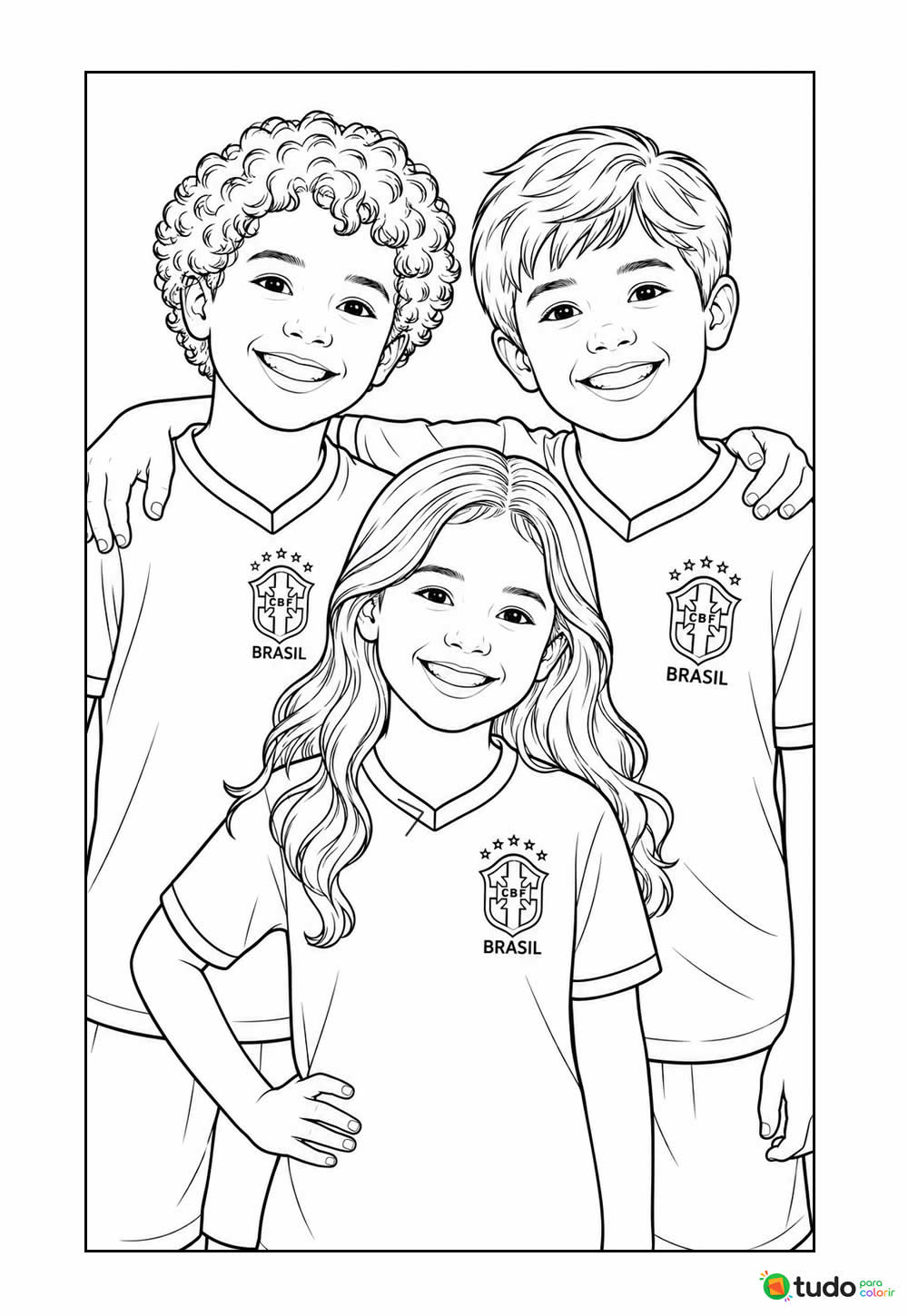 Desenho de Crianças com Camisa do Brasil Torcendo