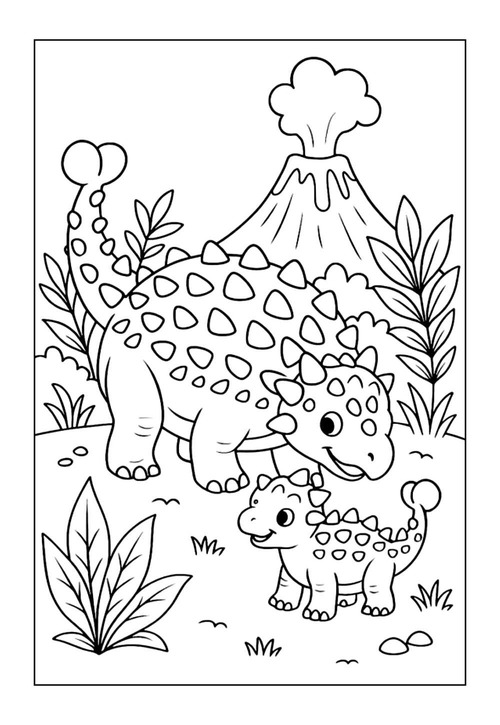 Desenho do Anquilossauro e Vulcão para colorir