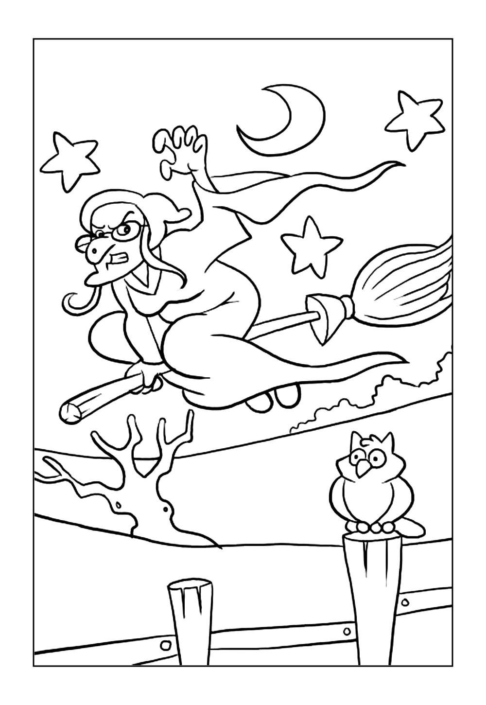 Desenho de Bruxa Voando com Vassoura para colorir
